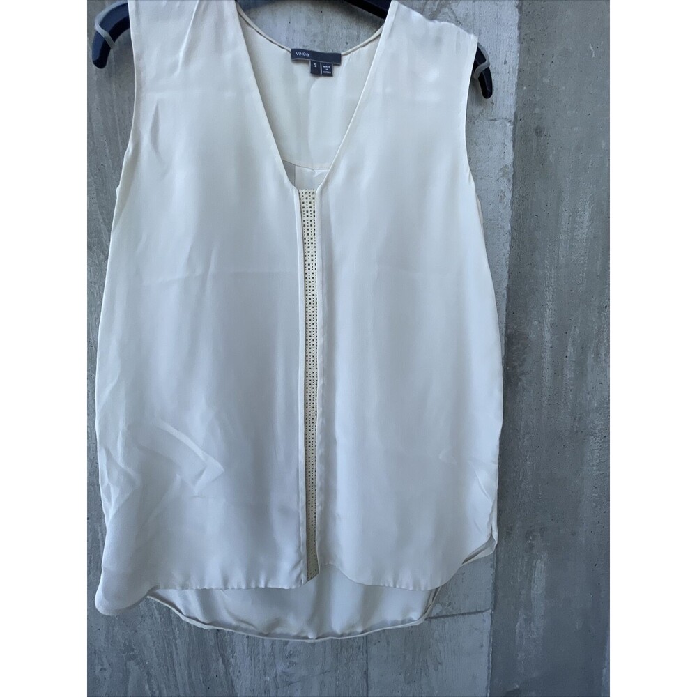 Vince Womens V Neck Leather Trim Sleeveless Silk Blouse Top Beige Size Small